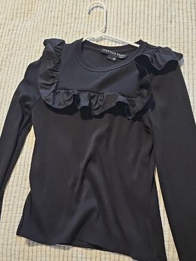 Veronica Beard Black Long Sleeve Ruffle-Trim Tee
